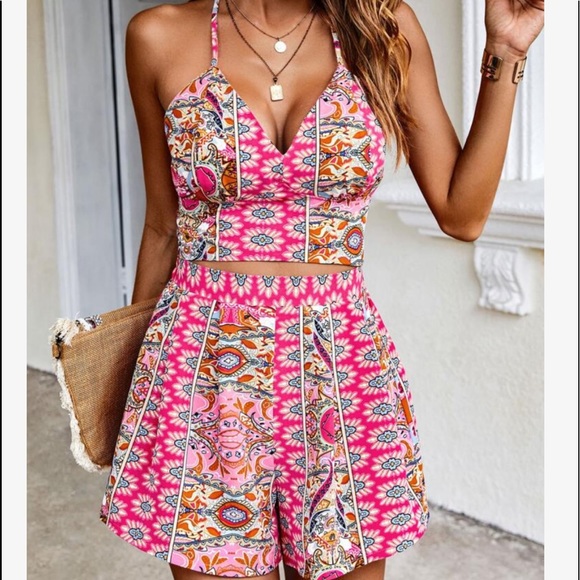 Boho Bohemian Gypsy Floral Paisley Print Criss Cross Back Crop Top Shorts Set - Picture 8 of 8